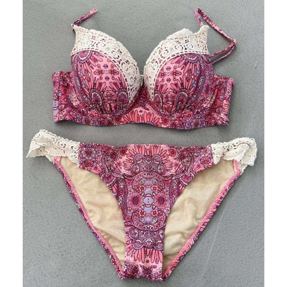 Betsey Johnson Bikini Set M Pink Floral Paisley Crochet Lace Boho Romantic Swim